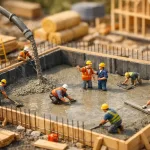 miniature builders pouring concrete foundation in formwork