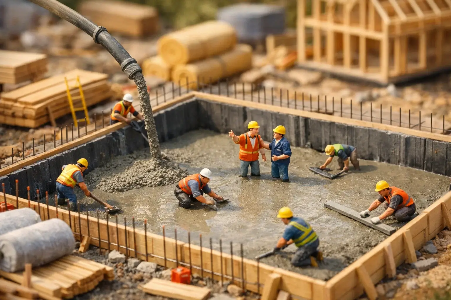 miniature builders pouring concrete foundation in formwork