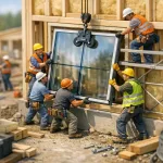 miniature builders installing window in wall opening