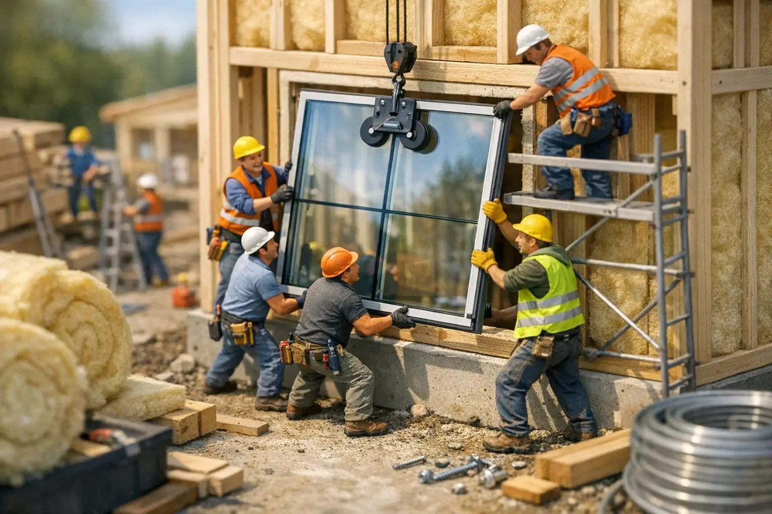 miniature builders installing window in wall opening