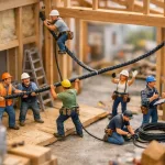 miniature builders installing electrical wiring in house
