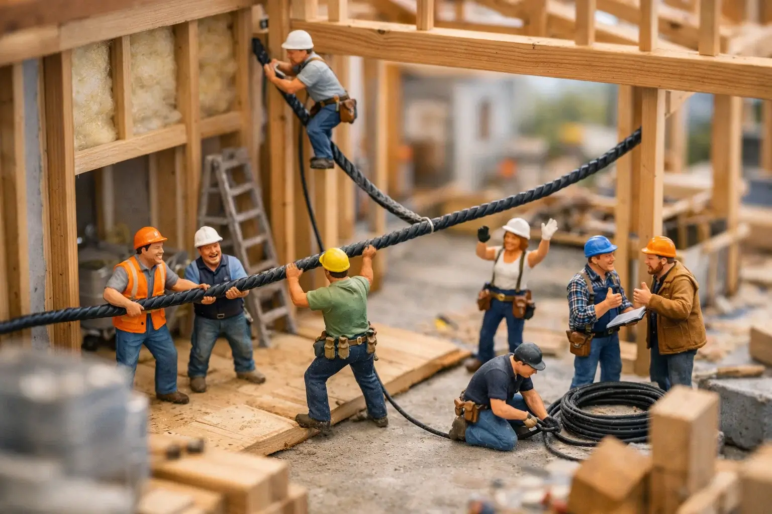miniature builders installing electrical wiring in house