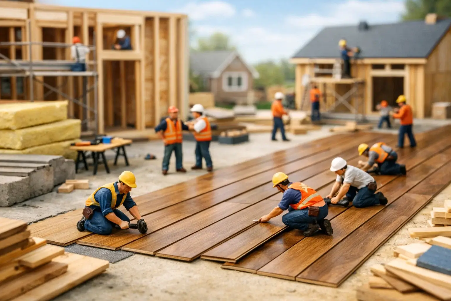 miniature builders installing laminate flooring panels