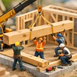 miniature builders lifting wooden beams with crane