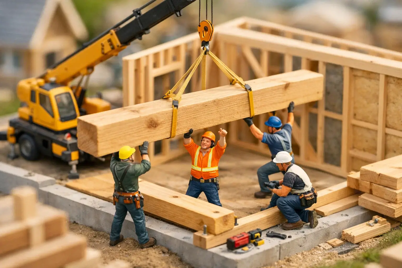 miniature builders lifting wooden beams with crane