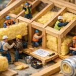 miniature builders installing roof insulation inside