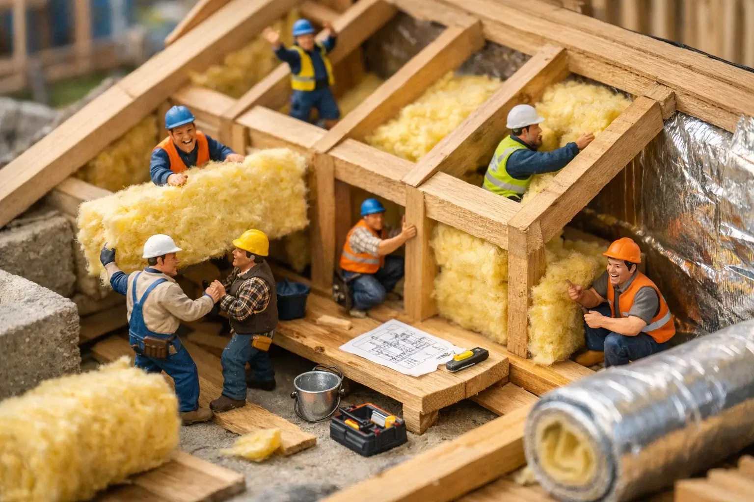 miniature builders installing roof insulation inside