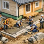 miniature builders creating drainage around house