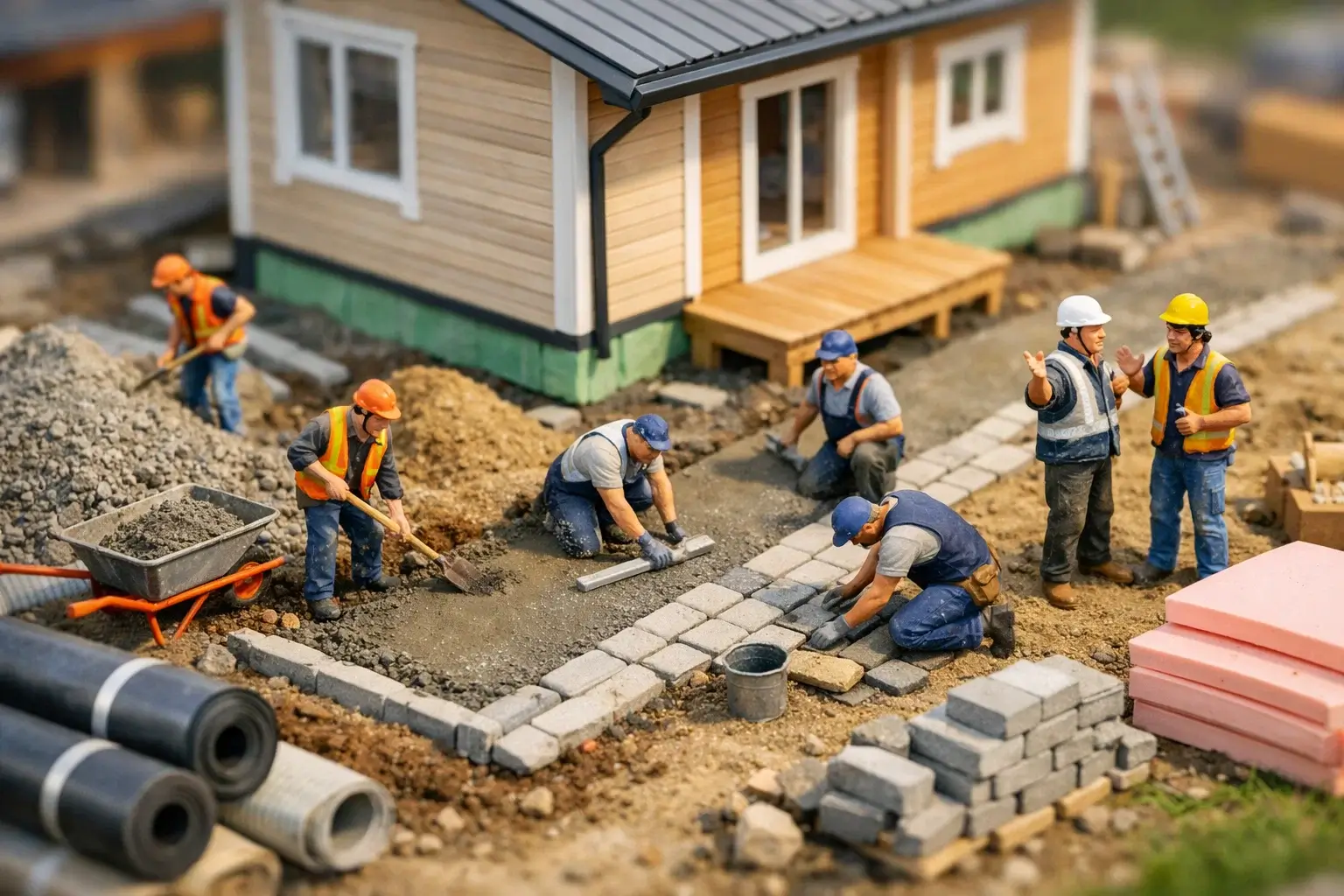 miniature builders creating drainage around house