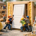 miniature builders installing door in house