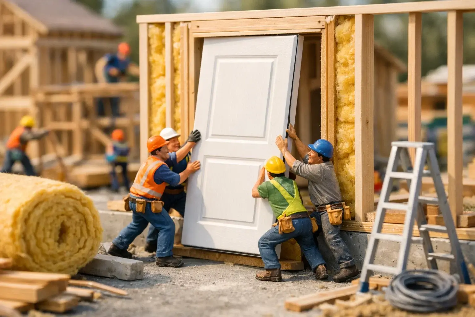 miniature builders installing door in house