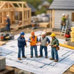 miniature builders discussing house construction blueprint