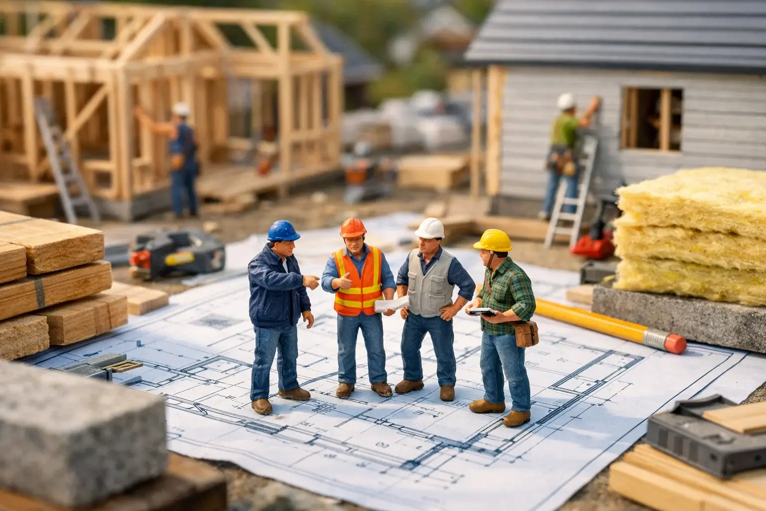 miniature builders discussing house construction blueprint