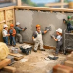 miniature builders plastering interior walls