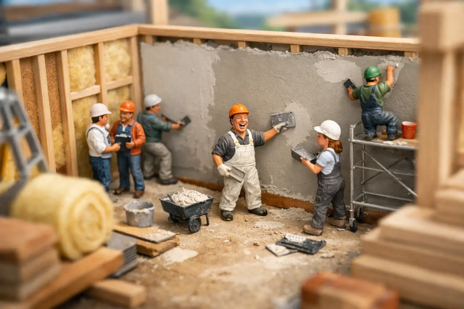 miniature builders plastering interior walls