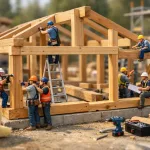 miniature builders assembling wooden frame house structure