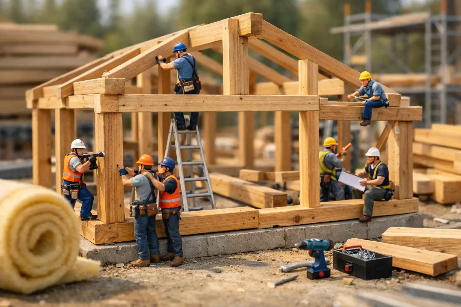 miniature builders assembling wooden frame house structure