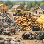 miniature builders cleaning construction debris