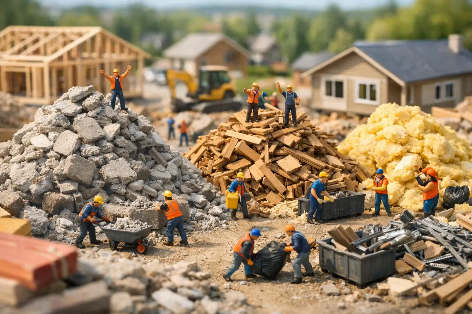 miniature builders cleaning construction debris