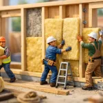 miniature builders installing wall insulation panels