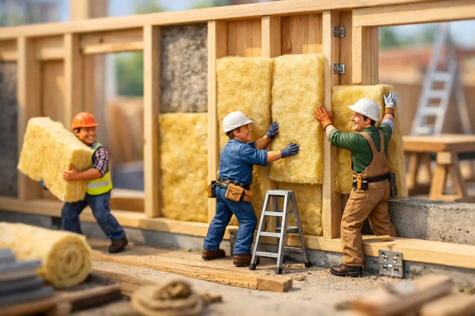 miniature builders installing wall insulation panels