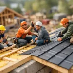 miniature builders installing roof on house structure