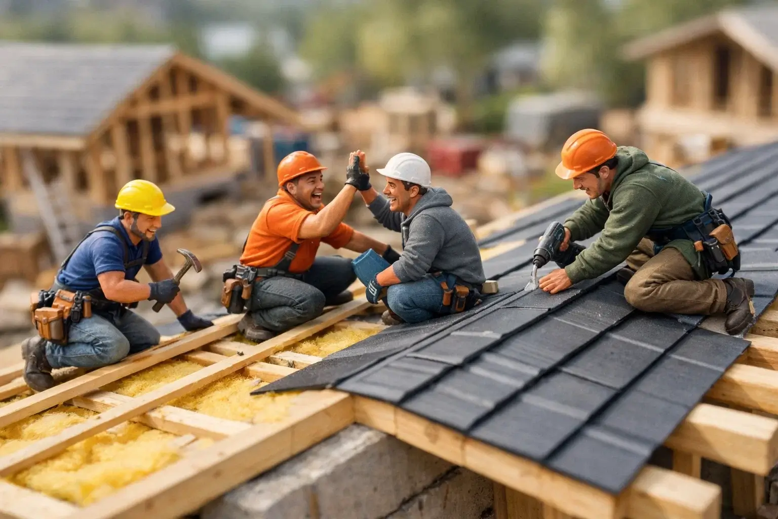 miniature builders installing roof on house structure