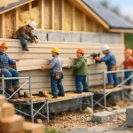 miniature builders installing siding on house facade