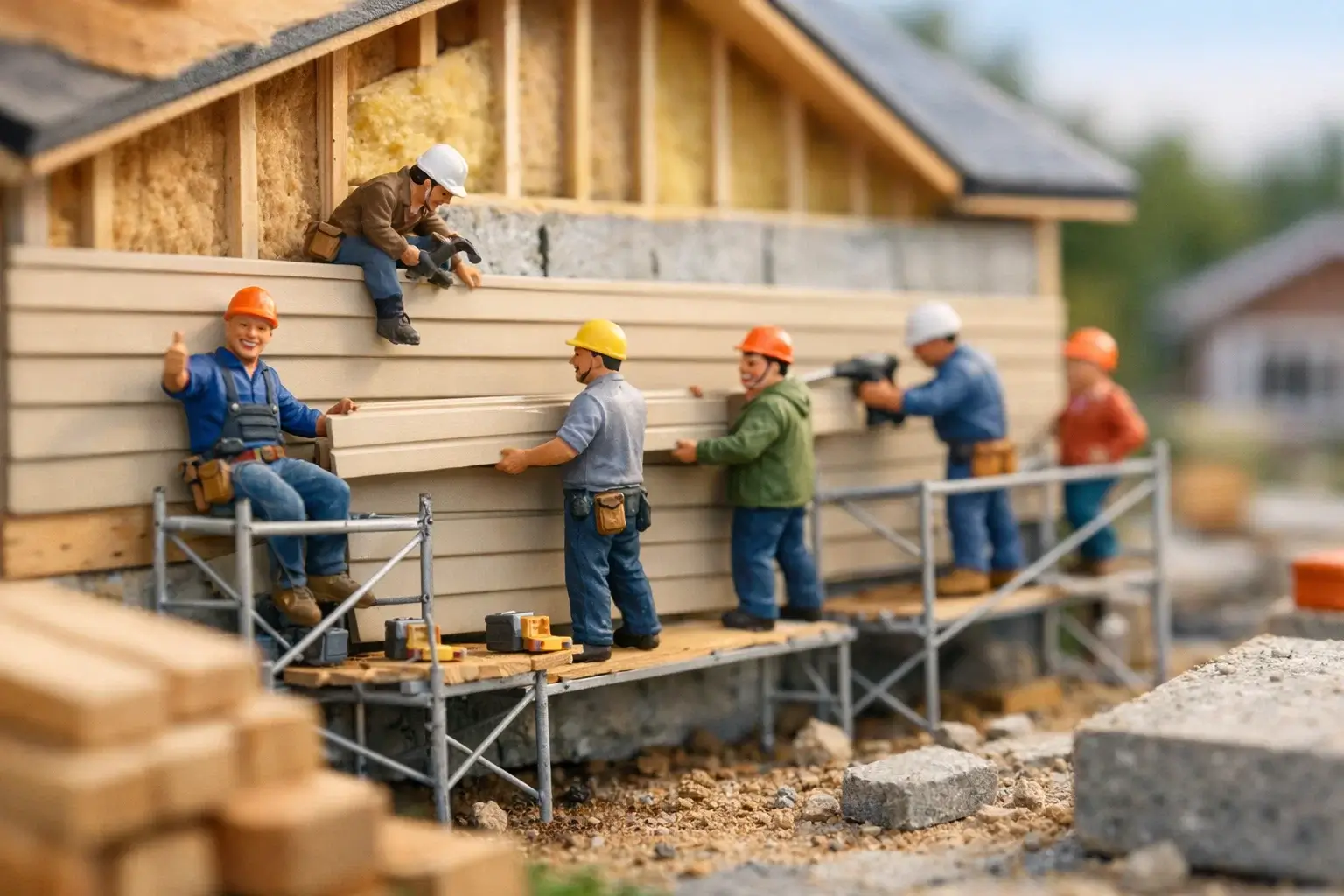miniature builders installing siding on house facade