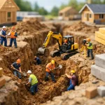 miniature builders digging trench for house foundation