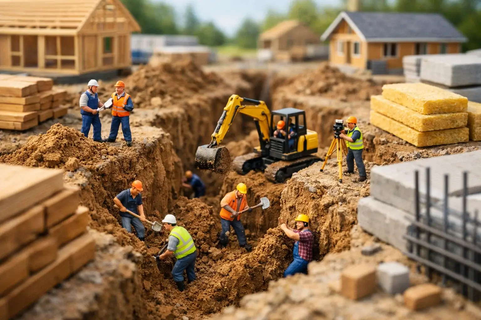 miniature builders digging trench for house foundation