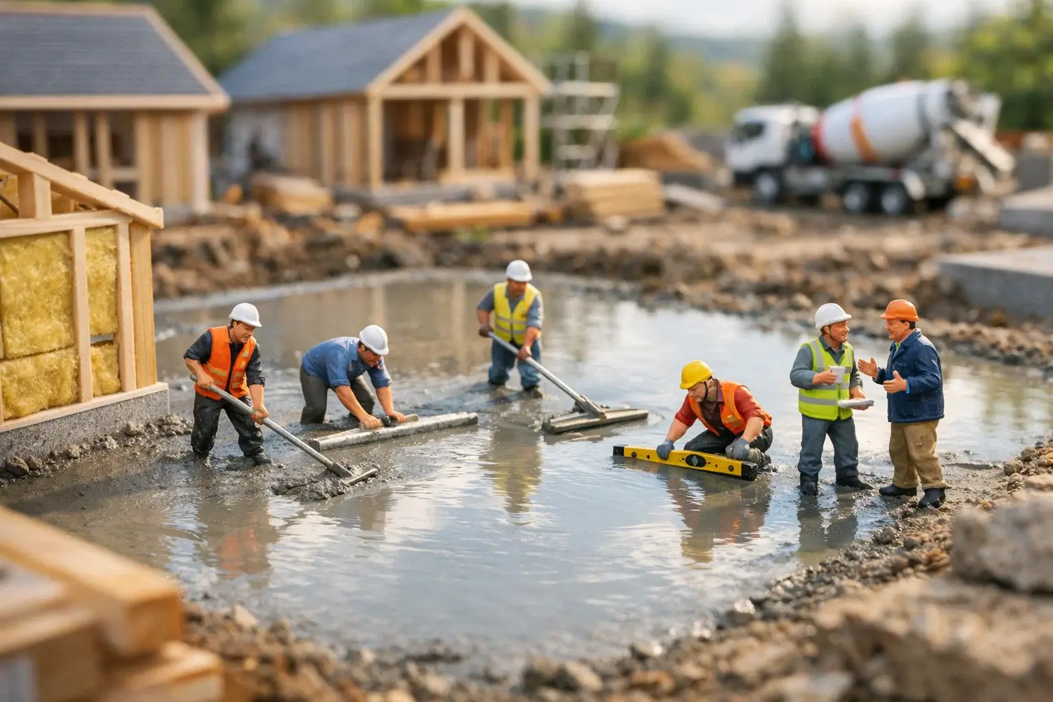 miniature builders leveling concrete surface