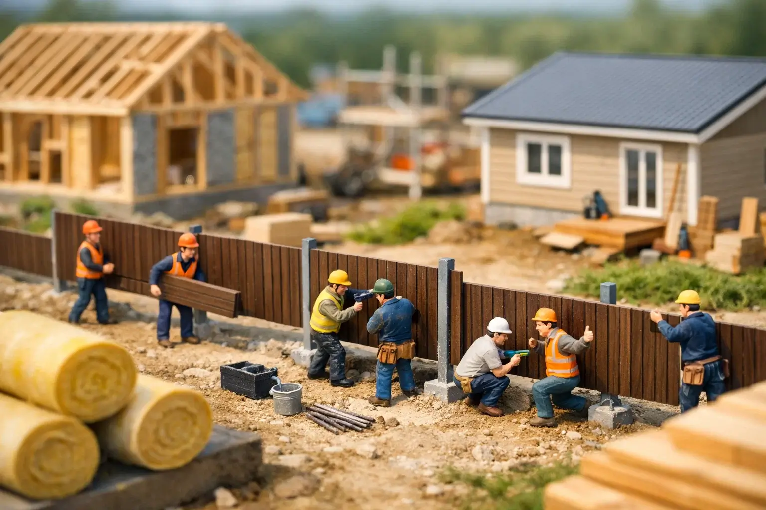 miniature builders installing fence panels