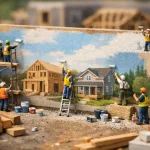 miniature builders painting large wall surface