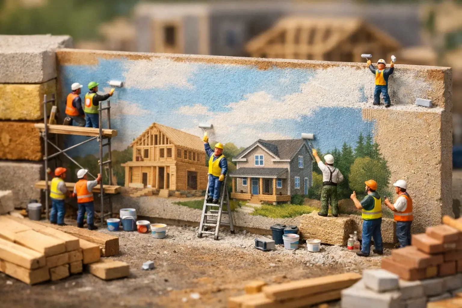 miniature builders painting large wall surface